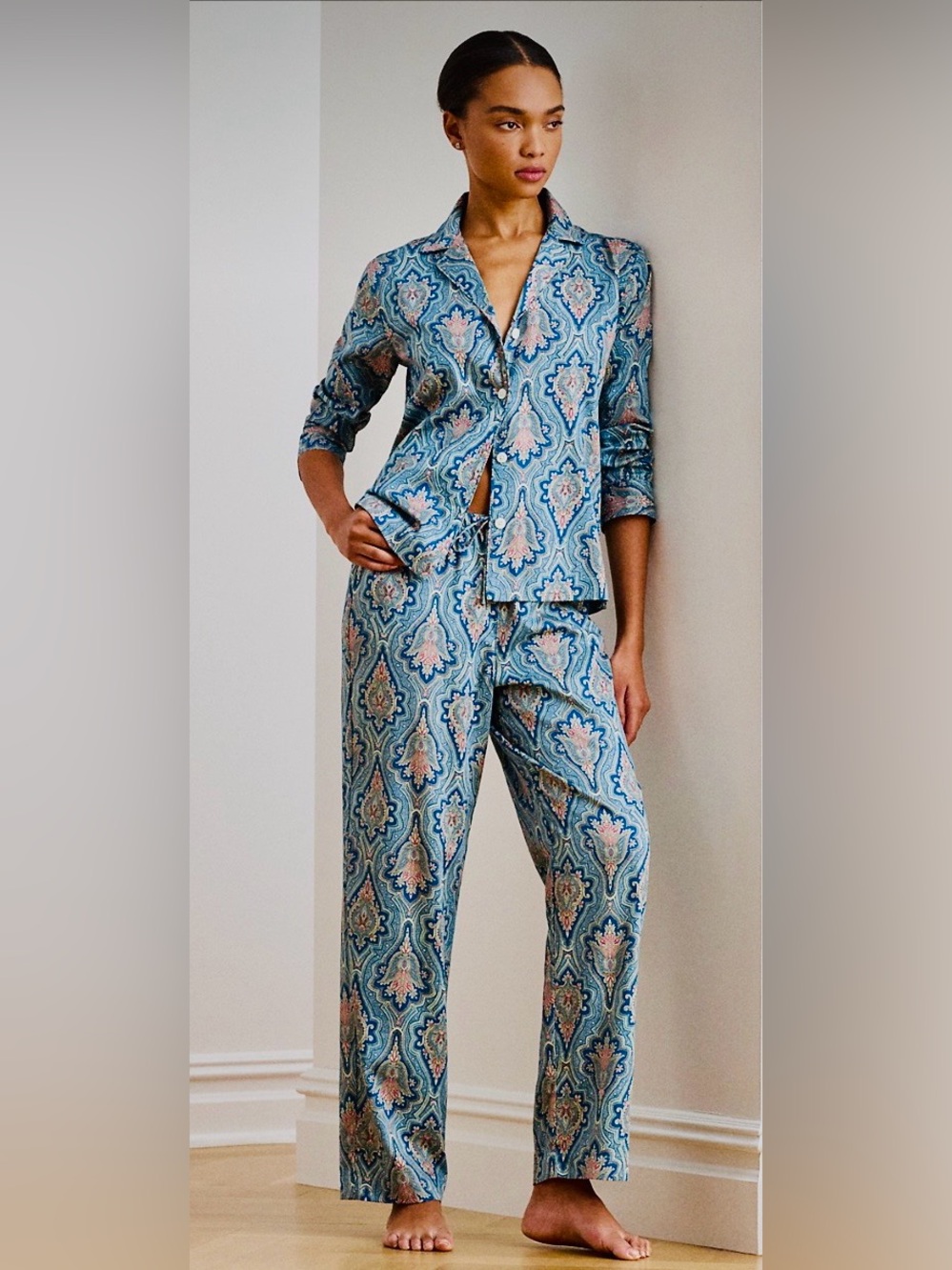 Ralph Lauren NWT Blue Paisley Cotton Blend Sateen Pajama Set M